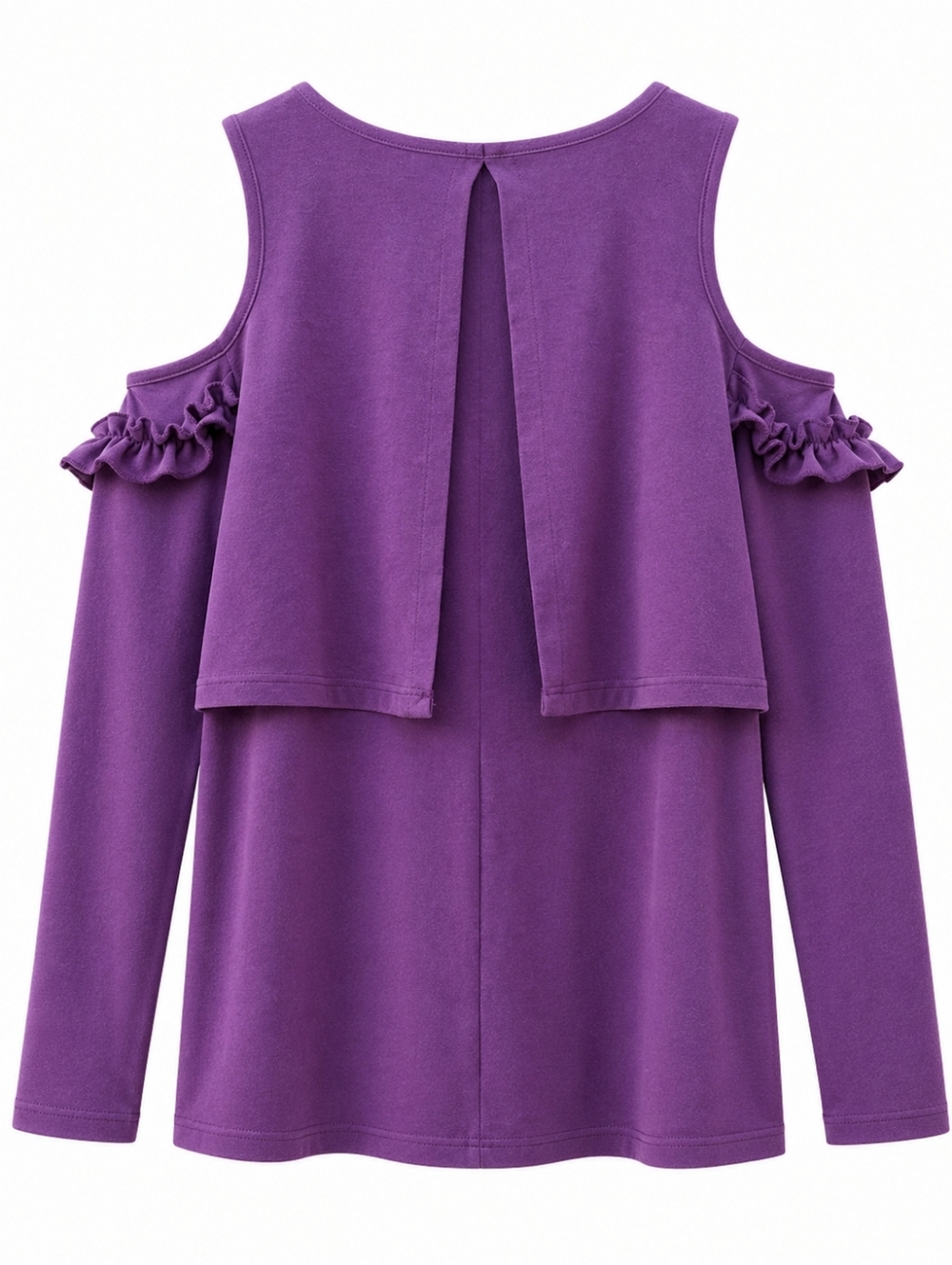 Easil Plum Cold Shoulder Sweatshirt Top Ruffle Cutout Back Layered Blouse Size L - Picture 3 of 9